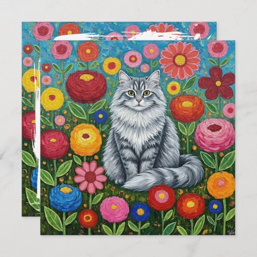 Fluffy Graue gestreifte Katze mit Folk Art Blume Karte (Vorne/Hinten)