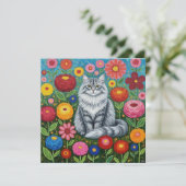 Fluffy Graue gestreifte Katze mit Folk Art Blume Karte (Stehend Vorderseite)