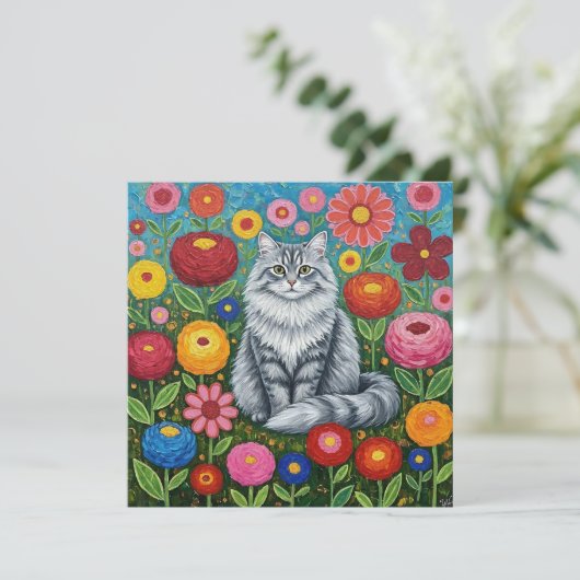Fluffy Graue gestreifte Katze mit Folk Art Blume Karte (Stehend Vorderseite)