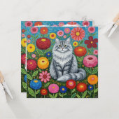 Fluffy Graue gestreifte Katze mit Folk Art Blume Karte (Vorderseite/Rückseite Beispiel)
