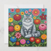 Fluffy Graue gestreifte Katze mit Folk Art Blume Karte (Vorderseite)