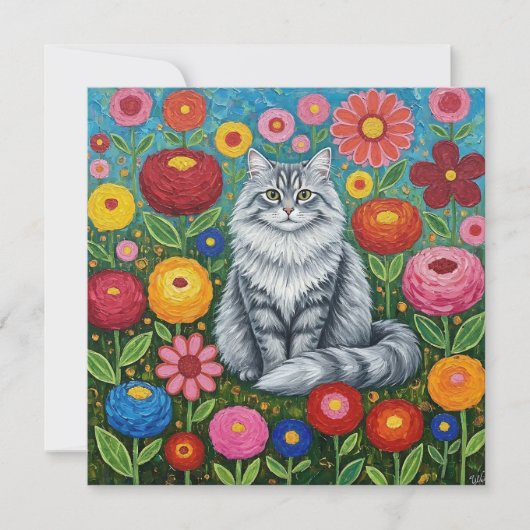 Fluffy Graue gestreifte Katze mit Folk Art Blume Karte (Vorderseite)