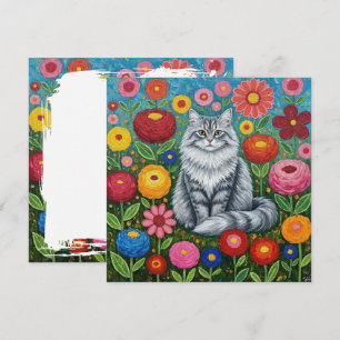 Fluffy Graue gestreifte Katze mit Folk Art Blume Karte