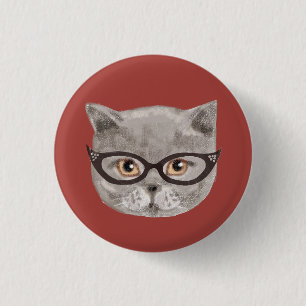 Fluffy graue Katze mit Brille Button