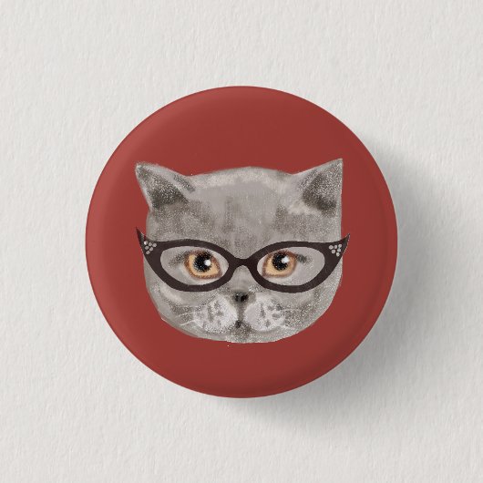 Fluffy graue Katze mit Brille Button (Vorderseite)