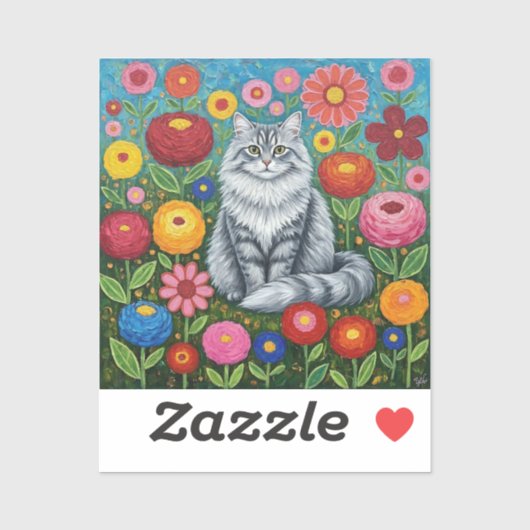 Fluffy Gray Striped Cat with Folk Art Flowers Aufkleber (Blatt)