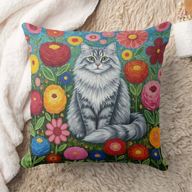 Fluffy Gray Striped Cat with Folk Art Flowers Kissen (Decke)