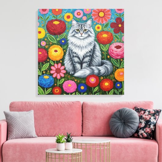 Fluffy Gray Striped Cat with Folk Art Flowers Leinwanddruck (Insitu (Wohnzimmer))