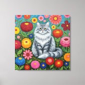 Fluffy Gray Striped Cat with Folk Art Flowers Leinwanddruck (Vorderseite)