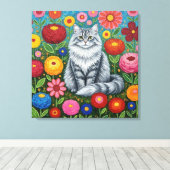 Fluffy Gray Striped Cat with Folk Art Flowers Leinwanddruck (Insitu (Holzboden))