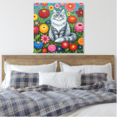 Fluffy Gray Striped Cat with Folk Art Flowers Leinwanddruck (Insitu (Schlafzimmer))