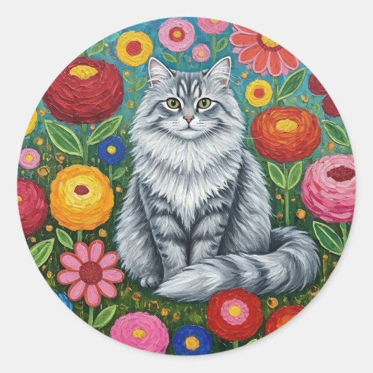 Fluffy Gray Striped Cat with Folk Art Flowers Runder Aufkleber (Vorderseite)
