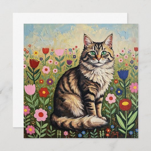 Fluffy Gray Tabby Cat and Folk Art Blume (Vorne/Hinten)
