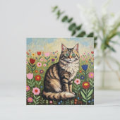 Fluffy Gray Tabby Cat and Folk Art Blume (Stehend Vorderseite)