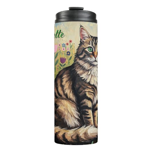Fluffy Gray Tabby Cat and Folk Art Flowers Thermosbecher (Vorderseite)