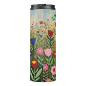 Fluffy Gray Tabby Cat and Folk Art Flowers Thermosbecher (Rückseite)