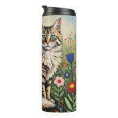Fluffy Gray Tabby Cat and Folk Art Flowers Thermosbecher (Nach rechts gedreht)