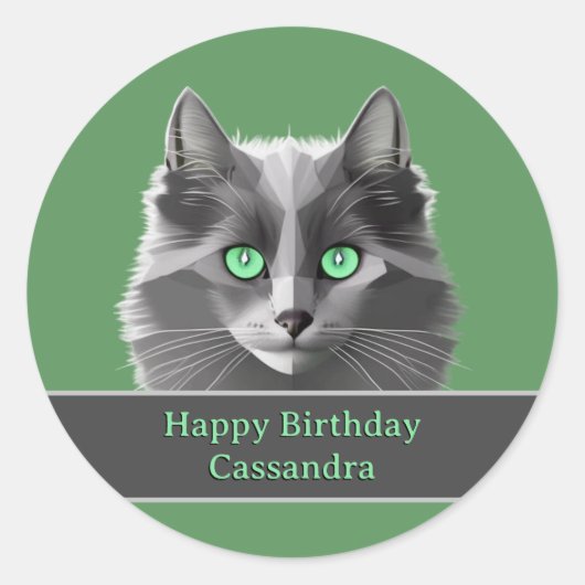 Fluffy Grey Cat and Birthday or Occasion Message Runder Aufkleber (Vorderseite)