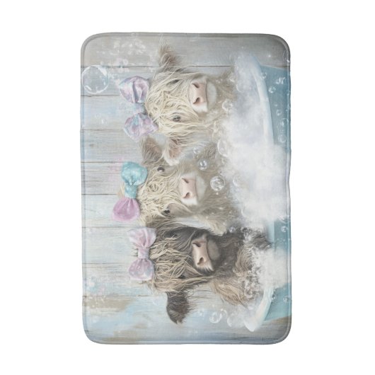 Fluffy Highland Calves Bubble Bath Farmhouse Scene Badematte (Vorderseite Vertikal)