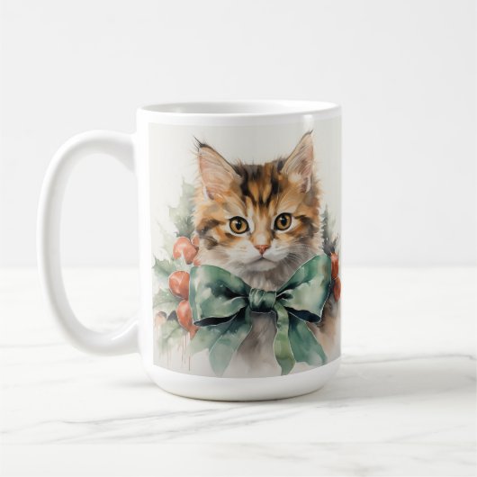 FLUFFY HOLIDAY CALICO KITTEN MIT GRÜNEM KLEIN KAFFEETASSE (Links)
