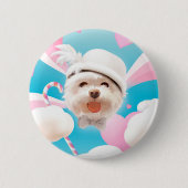 Fluffy Hund mit Weißhut Button (Vorderseite)