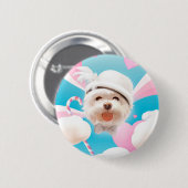 Fluffy Hund mit Weißhut Button (Vorne & Hinten)