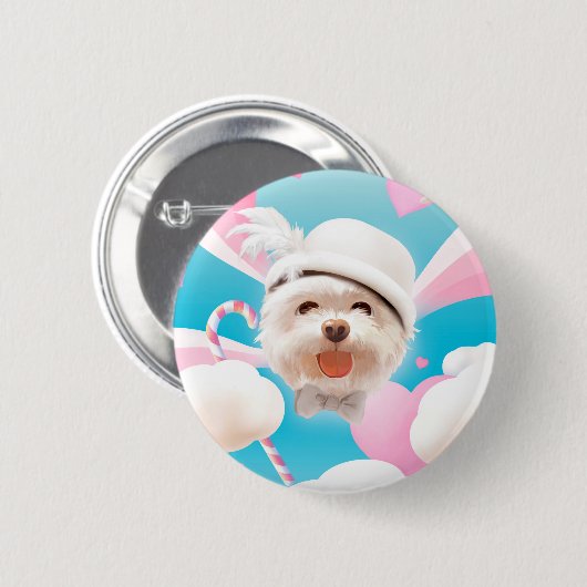 Fluffy Hund mit Weißhut Button (Vorne & Hinten)