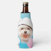 Fluffy Hund mit Weißhut Flaschenkühler (Flaschenvorderseite)