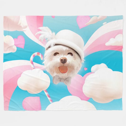 Fluffy Hund mit Weißhut Fleecedecke (Vorderseite (Horizontal))