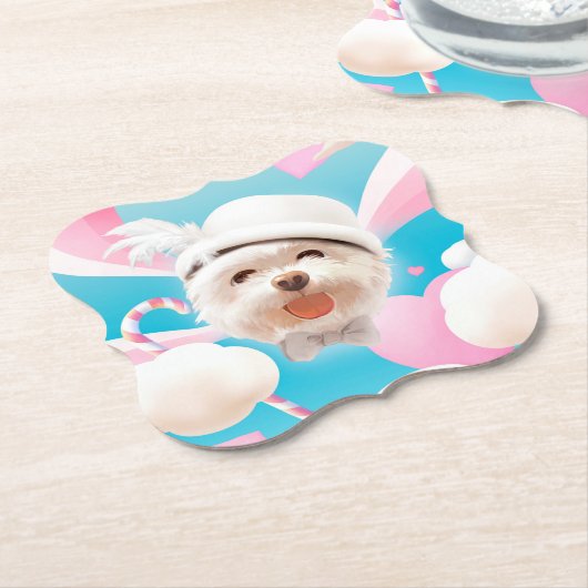 Fluffy Hund mit Weißhut Untersetzer (angewinkelt)