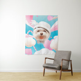 Fluffy Hund mit Weißhut Wandteppich