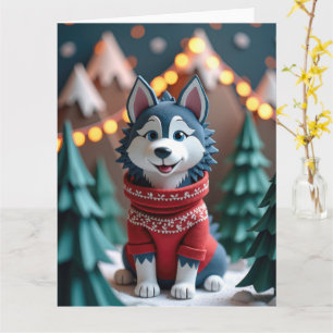 Fluffy Husky in Snowy Christmas Mountain Scene Karte