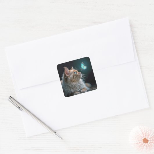 Fluffy Katze mit glühender Neon Butterfly Quadratischer Aufkleber (Umschlag)