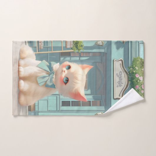 Fluffy Kitten mit Blue Bow im Konditorladen Badhandtuch Set (Handtuch)