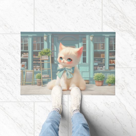 Fluffy Kitten mit Blue Bow im Konditorladen Fußmatte (Indoor)