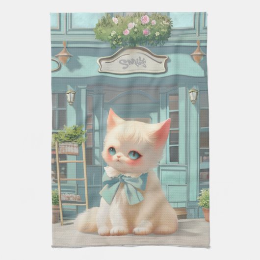 Fluffy Kitten mit Blue Bow im Konditorladen Geschirrtuch (Vertikal)