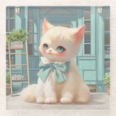 Fluffy Kitten mit Blue Bow im Konditorladen Glasuntersetzer (Vorderseite)