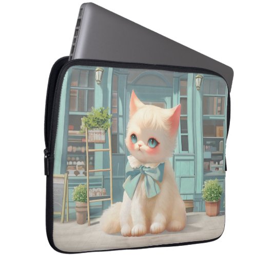 Fluffy Kitten mit Blue Bow im Konditorladen Laptopschutzhülle (Vorne Rechts)