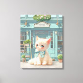 Fluffy Kitten mit Blue Bow im Konditorladen Leinwanddruck (Vorderseite)