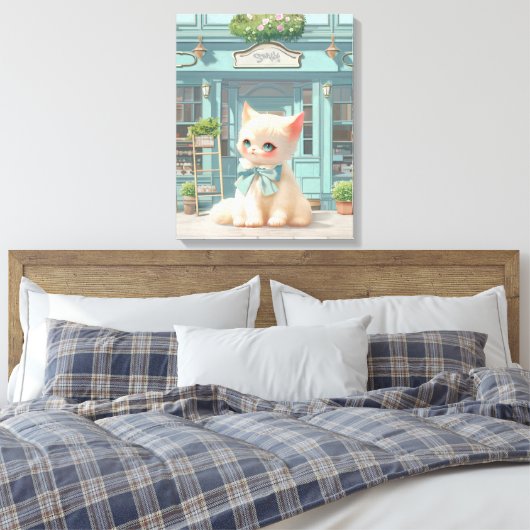 Fluffy Kitten mit Blue Bow im Konditorladen Leinwanddruck (Insitu (Schlafzimmer))