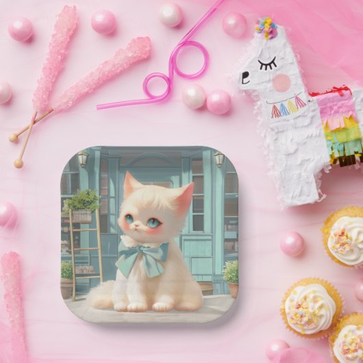 Fluffy Kitten mit Blue Bow im Konditorladen Pappteller (Party)