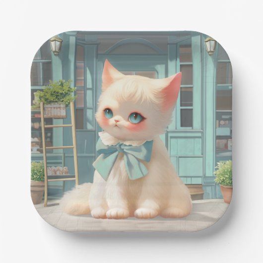 Fluffy Kitten mit Blue Bow im Konditorladen Pappteller (Vorderseite)