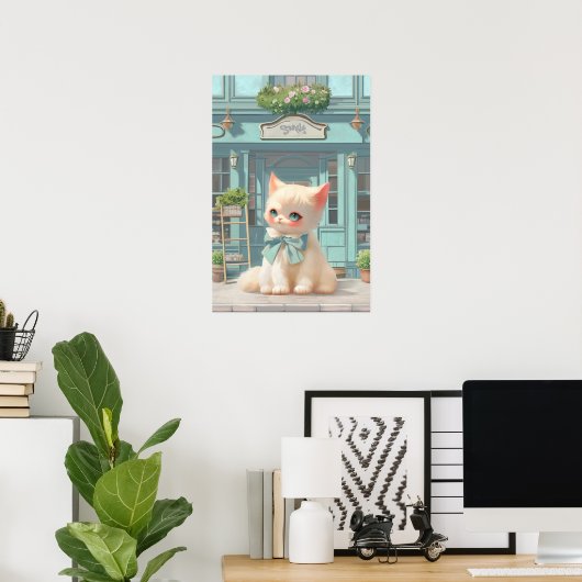 Fluffy Kitten mit Blue Bow im Konditorladen Poster (Heimbüro)