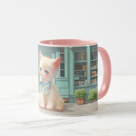 Fluffy Kitten mit Blue Bow im Konditorladen Tasse (VorderseiteRechts)