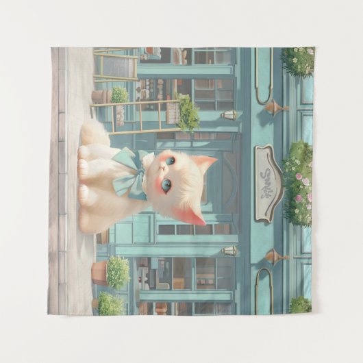 Fluffy Kitten mit Blue Bow im Konditorladen Wandteppich (Vorderseite (Horizontal))