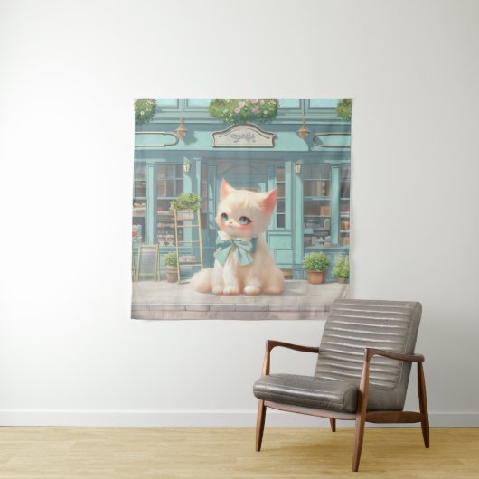 Fluffy Kitten mit Blue Bow im Konditorladen Wandteppich (Beispiel)
