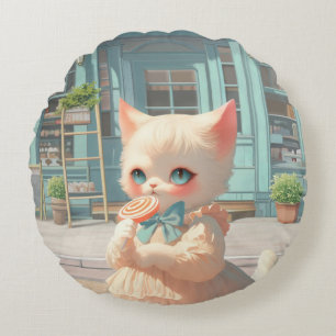 Fluffy Kitten mit Lollipop im Konditorei Shop Rundes Kissen