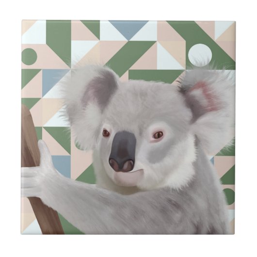 Fluffy Koala Green Geometric Background Fliese (Vorderseite)