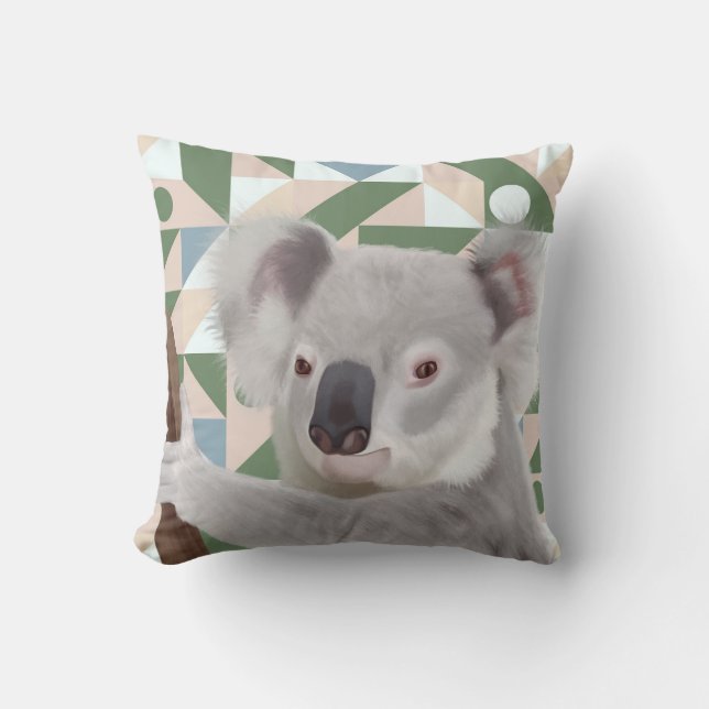 Fluffy Koala Green Geometric Background Kissen (Vorderseite)