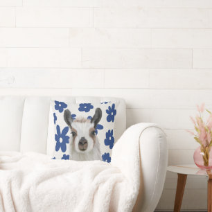 Fluffy Llama Blue Retro Blume Kissen
